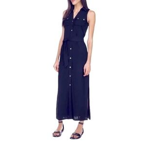 Carmen Marc Valvo Beautiful Navy Slit‎ Sides Snap Front Maxi Dress L